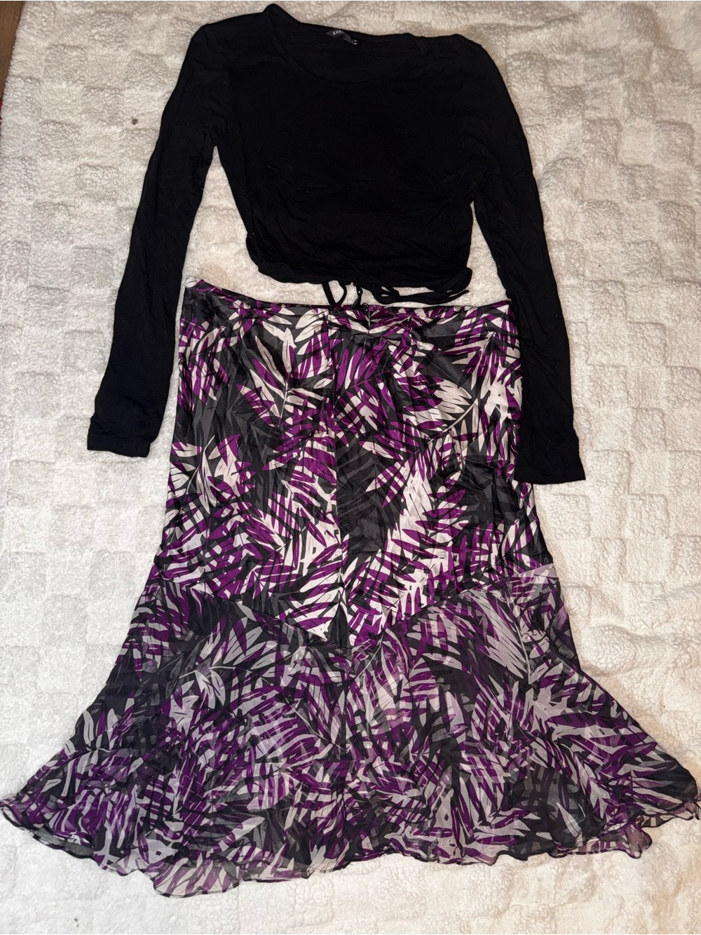 SHEIN Black Top- Purple Black Leaf Print Maxi Skirt